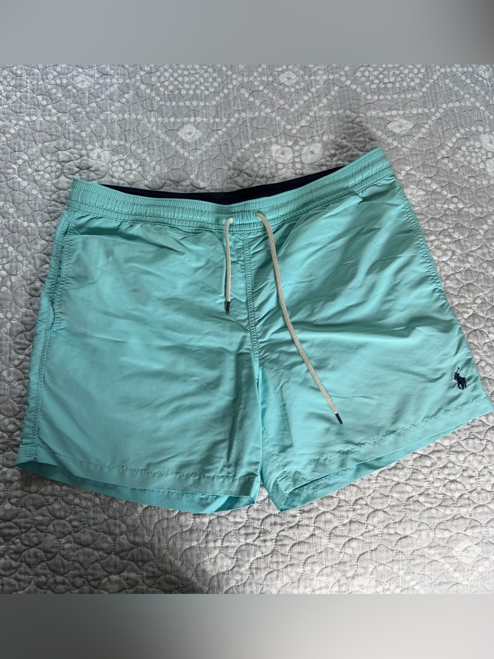 Polo by Ralph Lauren in light aqua, Drawstring Bermuda Swim Trunks. Size large.
